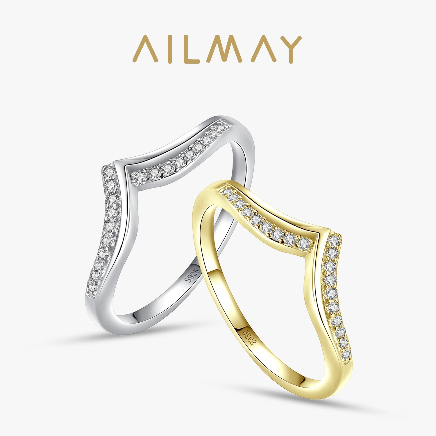 Ailmay Romantic V Shape High Quality CZ Ring Real 925 Sterling Silver Fashion Sparkling Finger Rings For Women Wedding Jewelry