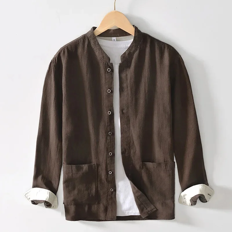 Chinese style stand collar ramie long sleeve shirt breathable linen casual for men dropshipping