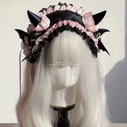 Dark Gothic Lolita Devil Horns Devil Wings Headband Halloween Multilayer Lace Girl Hair Decoration