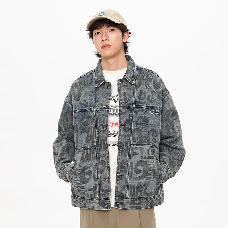 

Hip-hop fashion design denim coat for men 2024 autumn retro washed Street printing loose fashion casual Y2K clothes