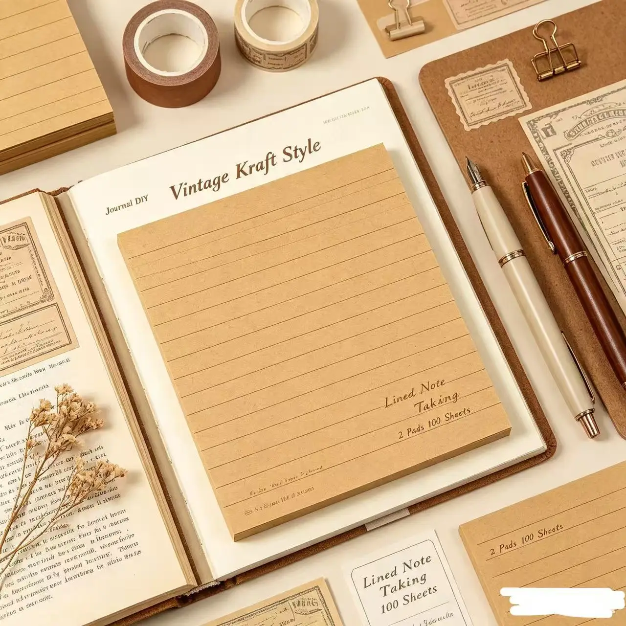 Kraft Lined Sticky Notes 2 Pads 50 Sheets Per Pad Total 100 Sheets Self‑Adhesive Lined Memo Pads Vintage Simple Notepads Back To