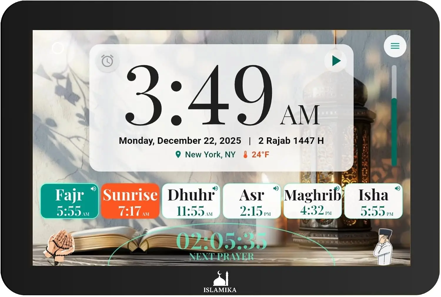 Smart Islamic Display 10” – WiFi Azan Clock, Global Prayer Times, Full Quran Audio & Text, Daily Verses, Kids Learning & Habits