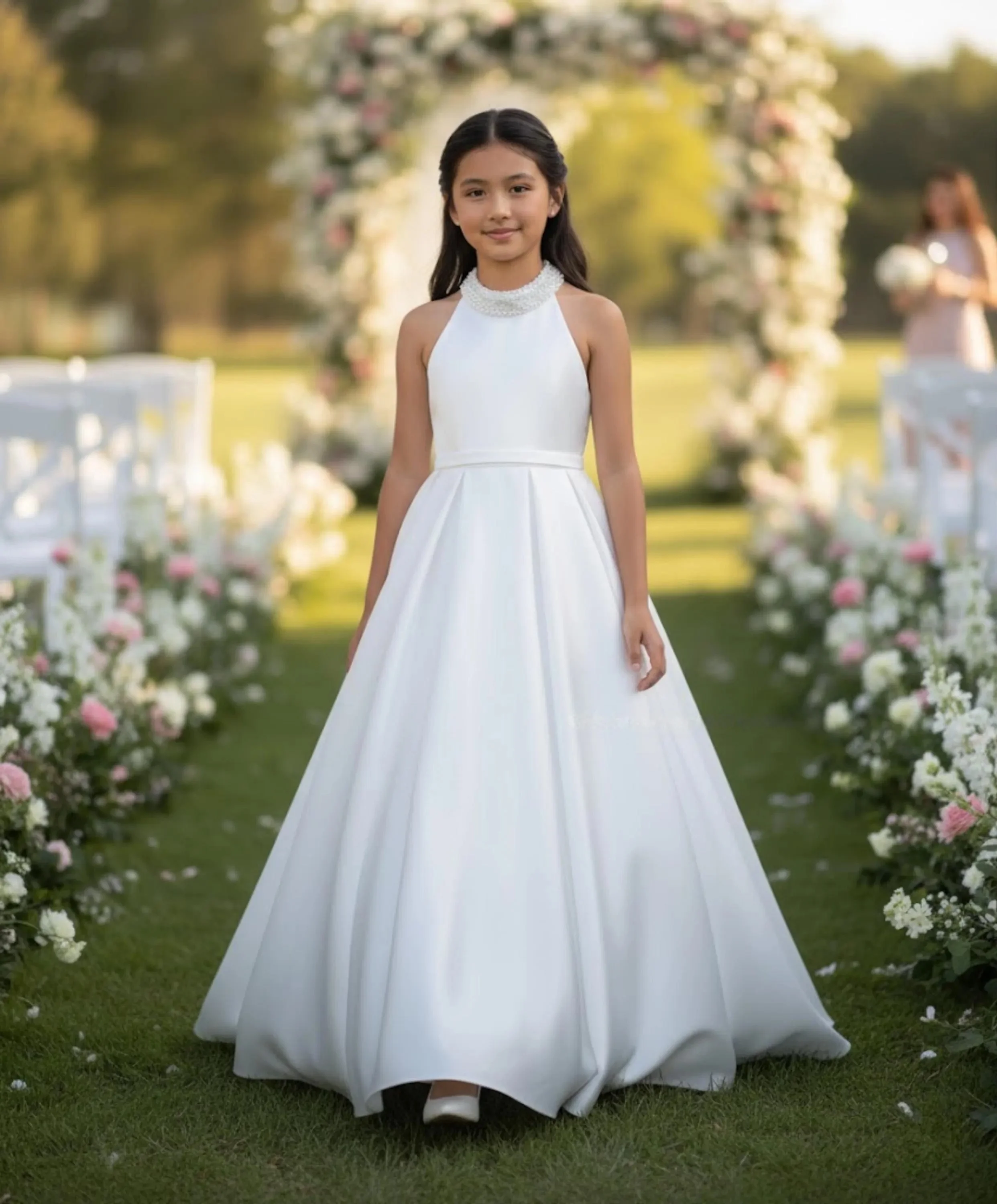 Simple White Halterneck Satin Flower Girl Dress With Pearl Bead Collar And Bow A-line Long Floor-length Dress First Communion