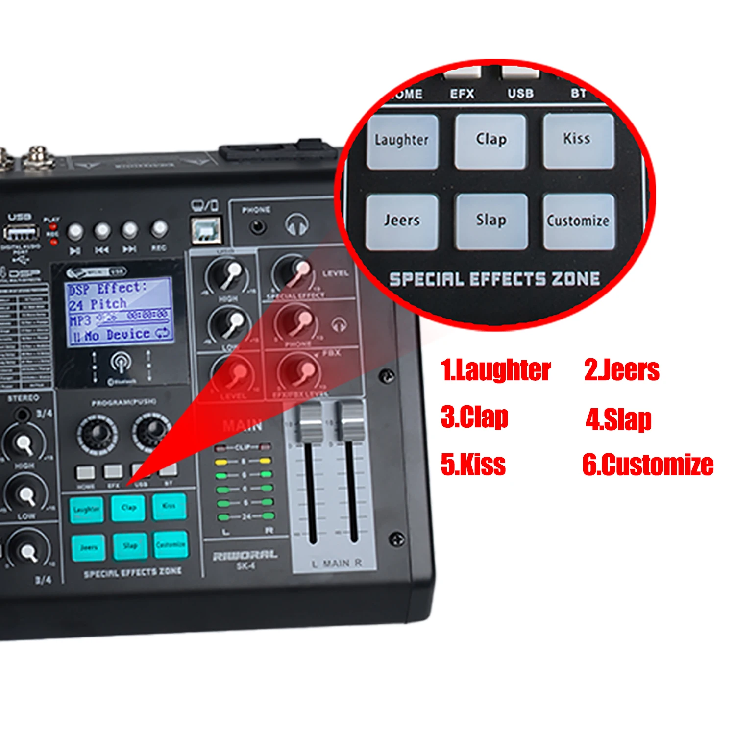 SK-4 Computer Playback Audio Mixer Built-in Soundcard 48V Phantom Features Digital Feedback Suppressor Noise Cancelling Function