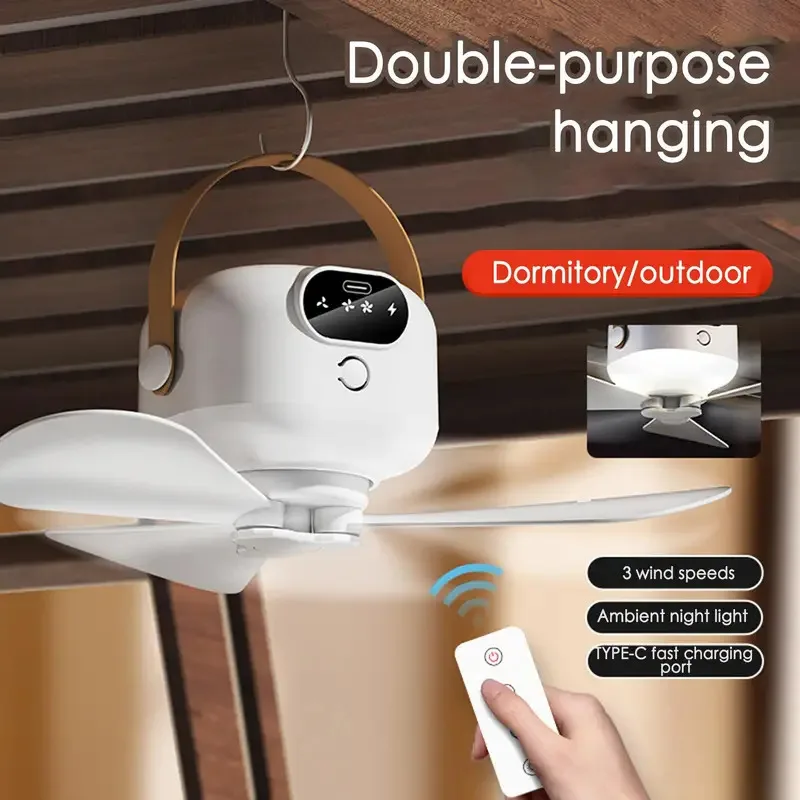 TOPLIVING Portable Ceiling Fan Outdoor Camping Fan Tent Ventilator Cooler Rechargeable Electric Fan  Remote Control 3 Gears LED