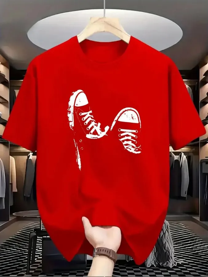 Retro Sneaker Graphic Tee Men Summer Fashion Canvas Shoes Line Art Printed T Shirt Red Loose Streetwear O Neck Tops Male Clothes Plus Size