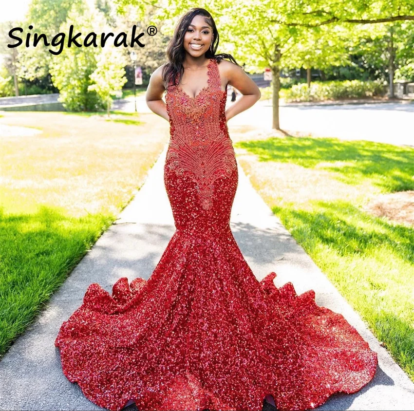 

Sparkly Red Diamonds Long Prom Dress Luxury Glitter Crystal Sequins Gown Dress Formal Birthday Gowns Robe Customized