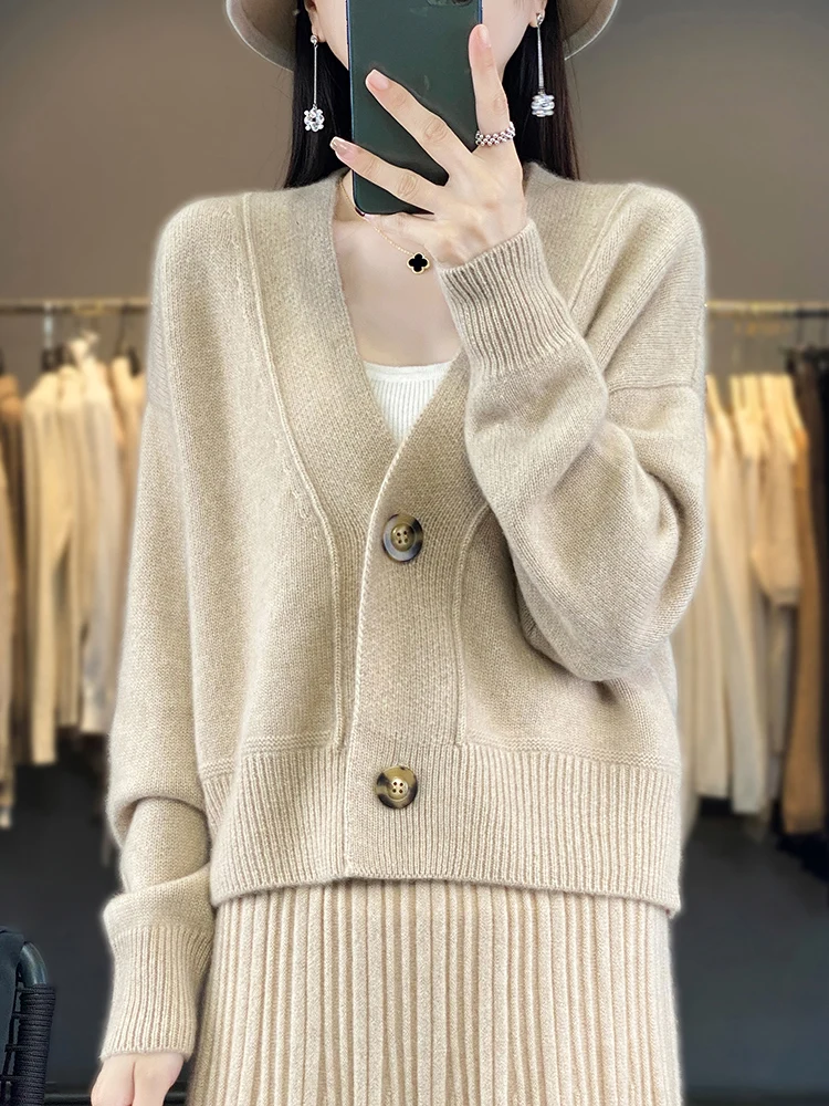 Autumn Winter Women Thick Preppy Cropped Cardigan V- Neck Cashmere Sweater 100% Merino Wool Knitted Soft Warm Casual  Loose Top