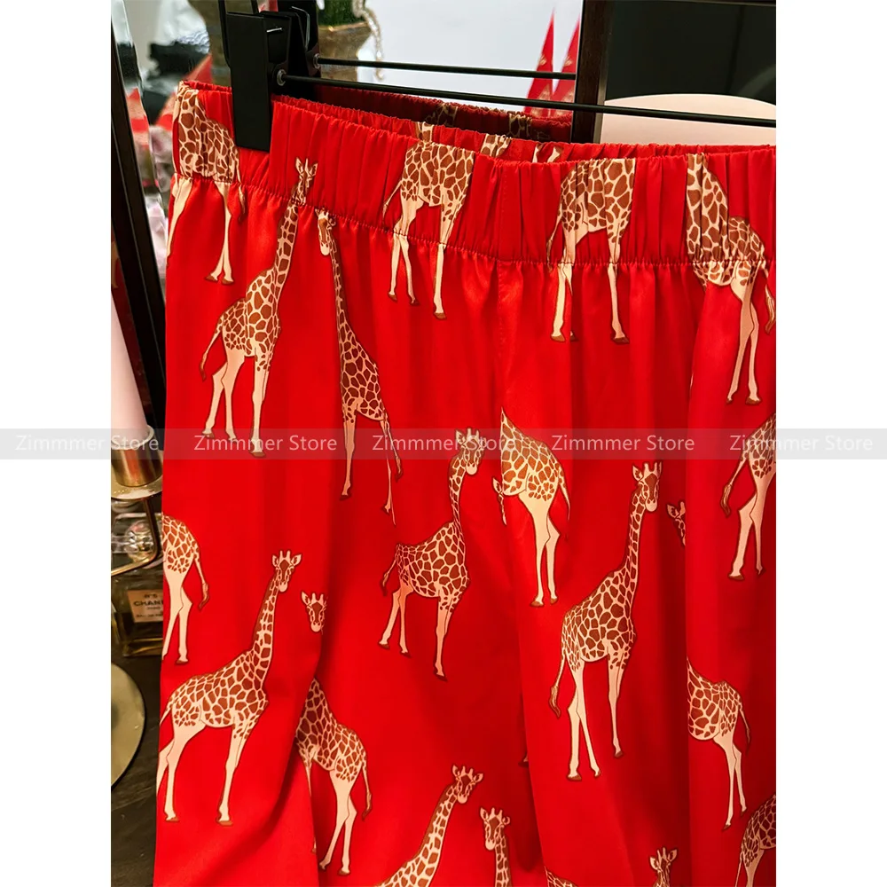 New Year\'s Lunar New Year Giraffe Printing Big Red Silk Satin Long Sleeve Long Pants Homewear Pajamas Women