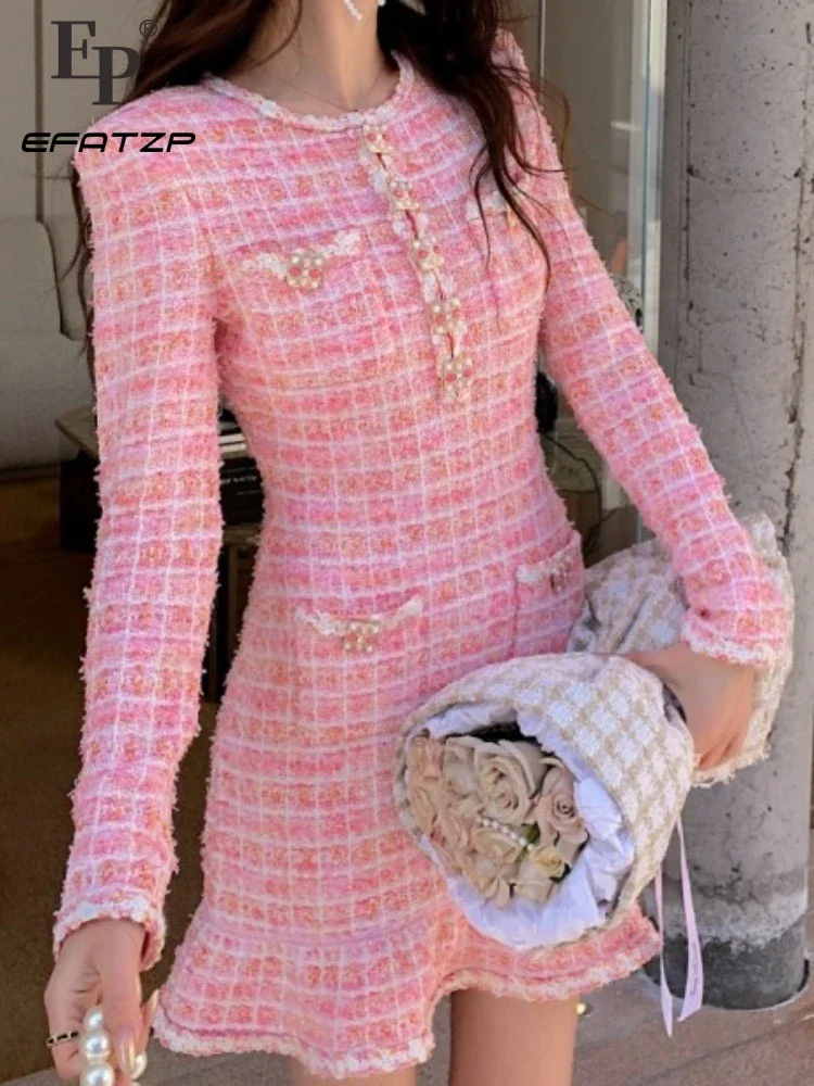 Pink Plaid Thousand Gold Wind Sweet Knitted Round Neck Long-sleeved Dress Small Fragrant Wind Skirt 2024 Summer