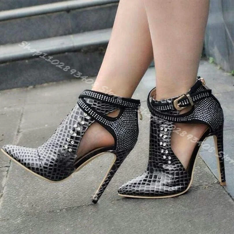 

Black Crystal Decor Stiletto Pumps Pointed Toe Ankle Buckle British Style Women New Fashion Party Pumps 2024 Zapatos Para Mujere