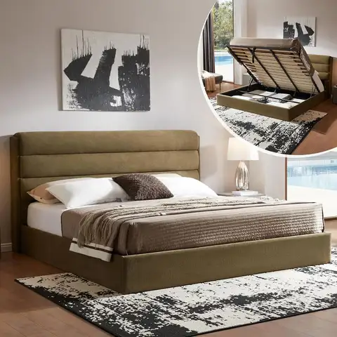 King Size Upholstered Storage Bed with Hydraulic Lift, Wood Slat Support, No Box Spring, Easy Assembly, Green