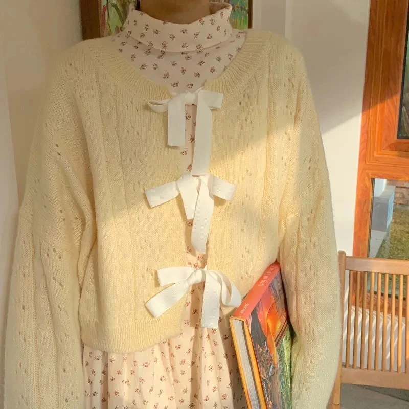 

Japanese Sweet Knitted Cardigan Women Fall Bow Lace Up Kawaii Loose Casual Sweaters Fashion O Neck Long Sleeve Gentle Cute Tops