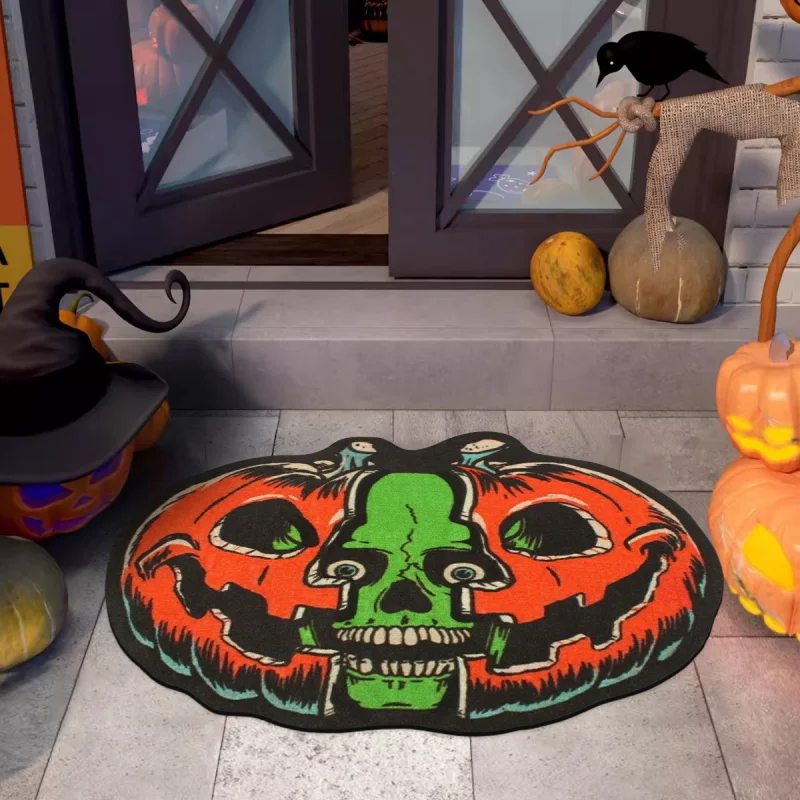 VIKAMA Halloween Irregular Doormat Pumpkin Skull Pattern Non‑Slip Soft Floor Mat For Bathroom Entryway Indoor Holiday Home Decor