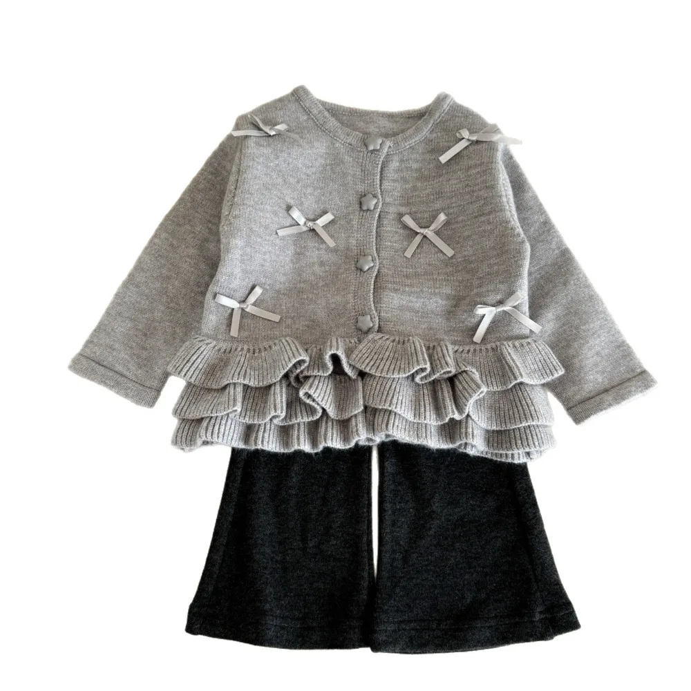 Gray Ruffle Hem Knit Sweater Coat For Baby Girls, Cute Bow Decor Long Sleeve Knit Cardigan For Little Girls for 90-140cm