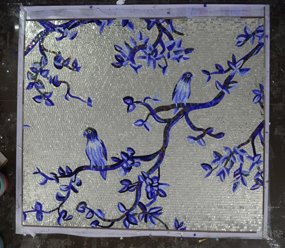 Silver background blue bird glass art mosaic tile pattern custom color allowed