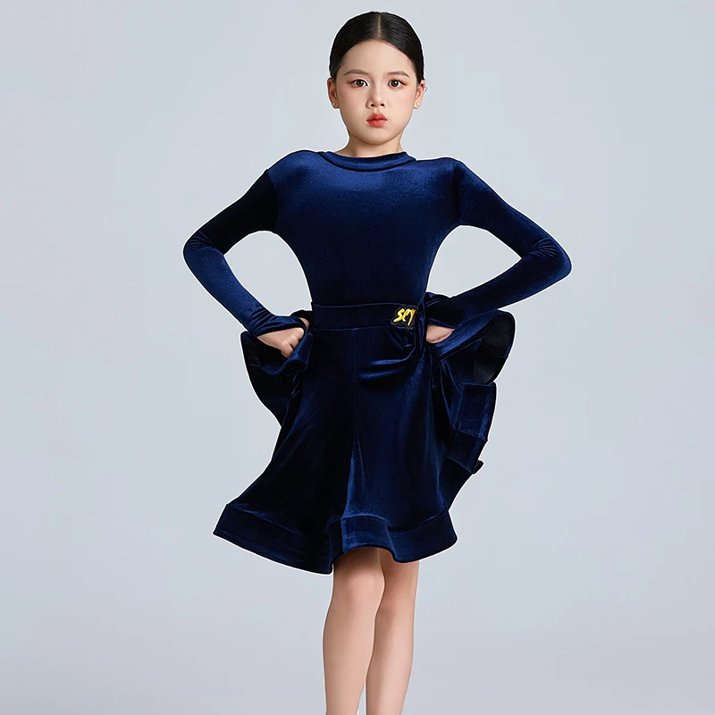 Dress Kids Cha Cha Dance Dress Practice Clothes Girls Latin Dance Professional Compeititon Dress Long Sleeces Velvet
