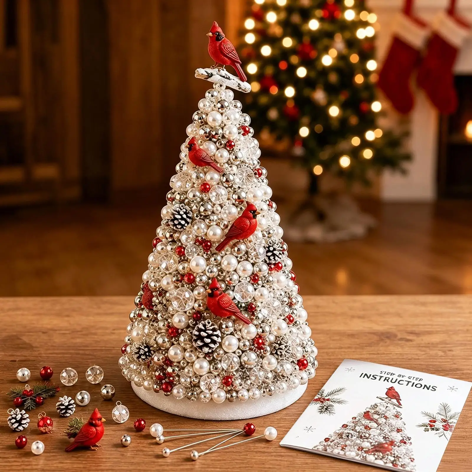 19X9cm Beaded Christmas Tree Kit with Pearl Red Bird Charm, DIY Craft Ornament Making Set, Holiday Nativity Wall Decor - view 6