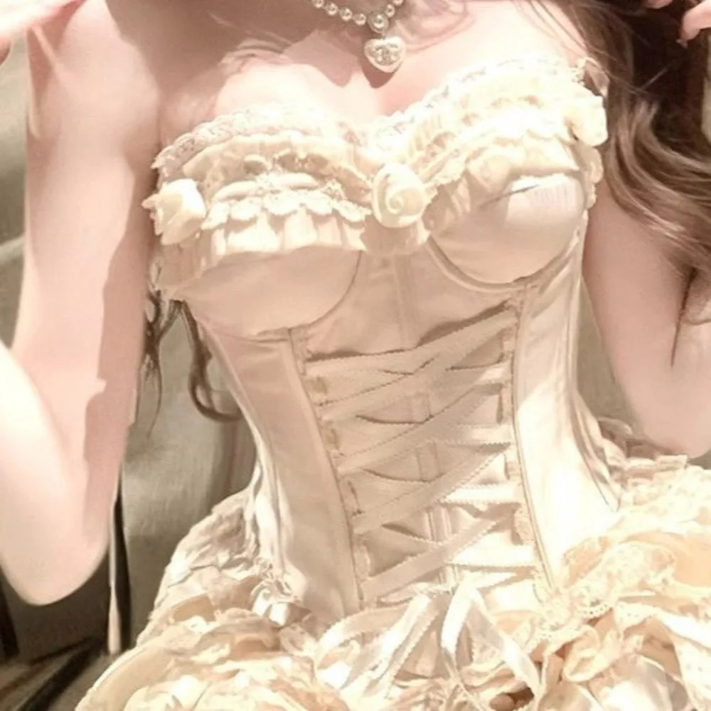 Sweet Bow Lace Sling Top Tank Sleeveless Fluffy Cake Skirt Sexy Outfit Flower Skirt Suit Spicy Girls