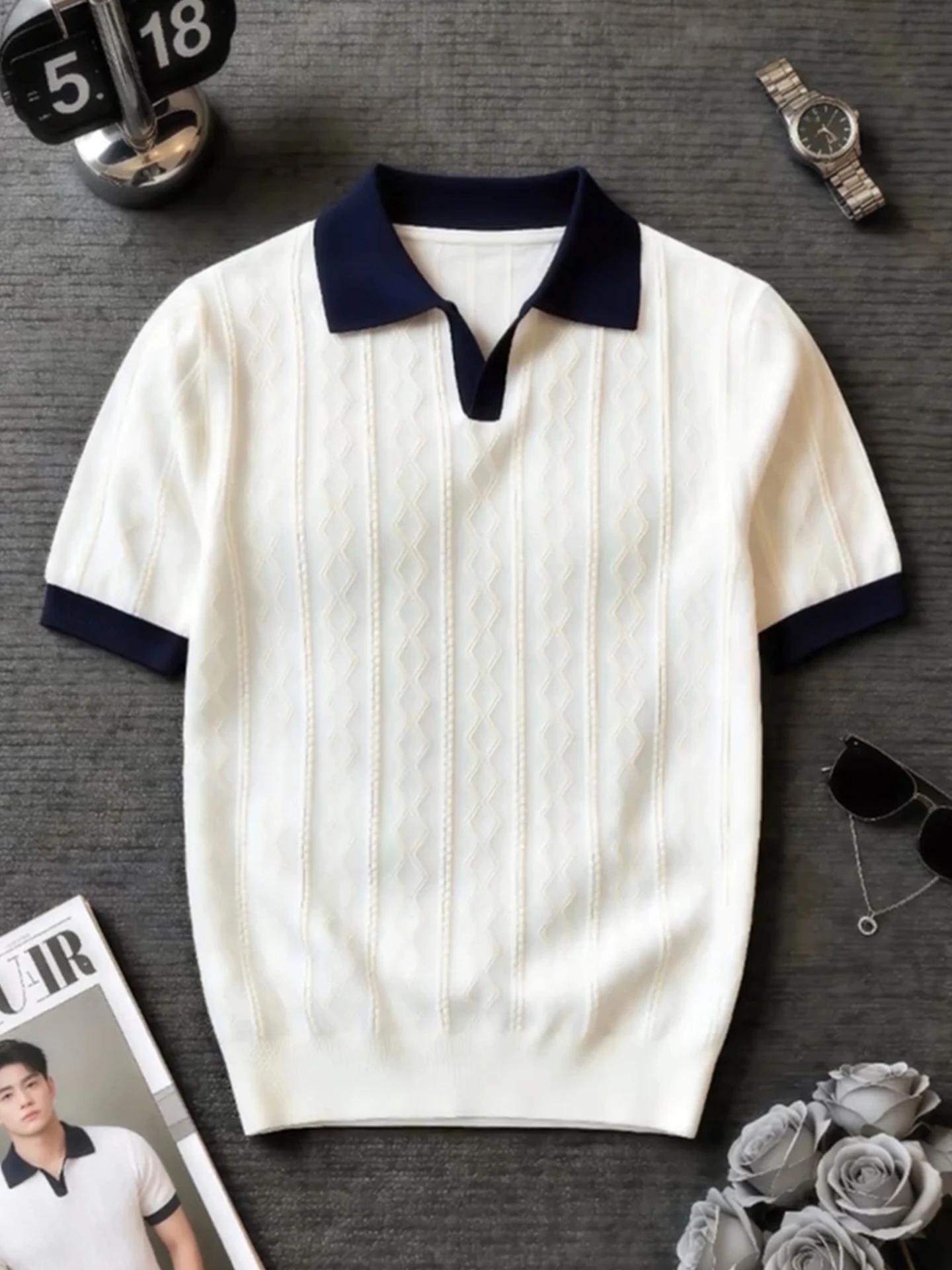 Slimming Effect Knitted  Shirt Short Sleeve Casual Half Sleeve T-Shirt for Men Summer Style American Retro Color Block