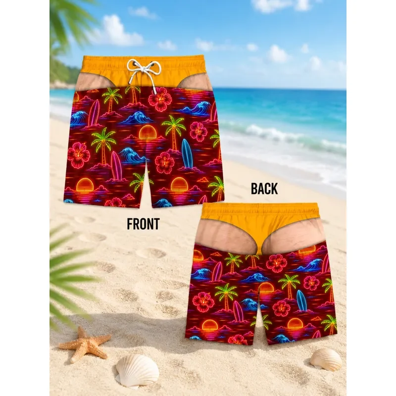 for Men Hawaiian Sunset Swim Shorts Vibrant Palm Tree Wave Surfboard Floral Print Bathing Suit Novelty Drawstring Boardshorts
