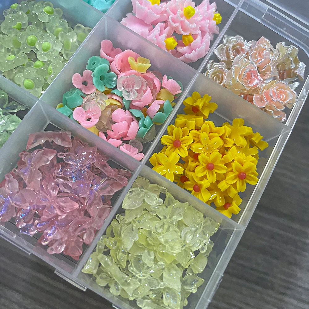 12Grids Pink Hibiscus Flowers Fine Sparkling Butterfly Nail Rhinestone 3D Resin Flower Nail Art Charms DIY Cute Manicure Supplie