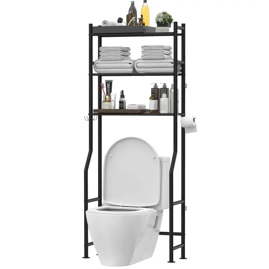 

Over The Toilet Storage, Freestanding Metal Bathroom Shelves with 4 Hooks, Over Toilet Storage Shelf with Paper Holder, Above T