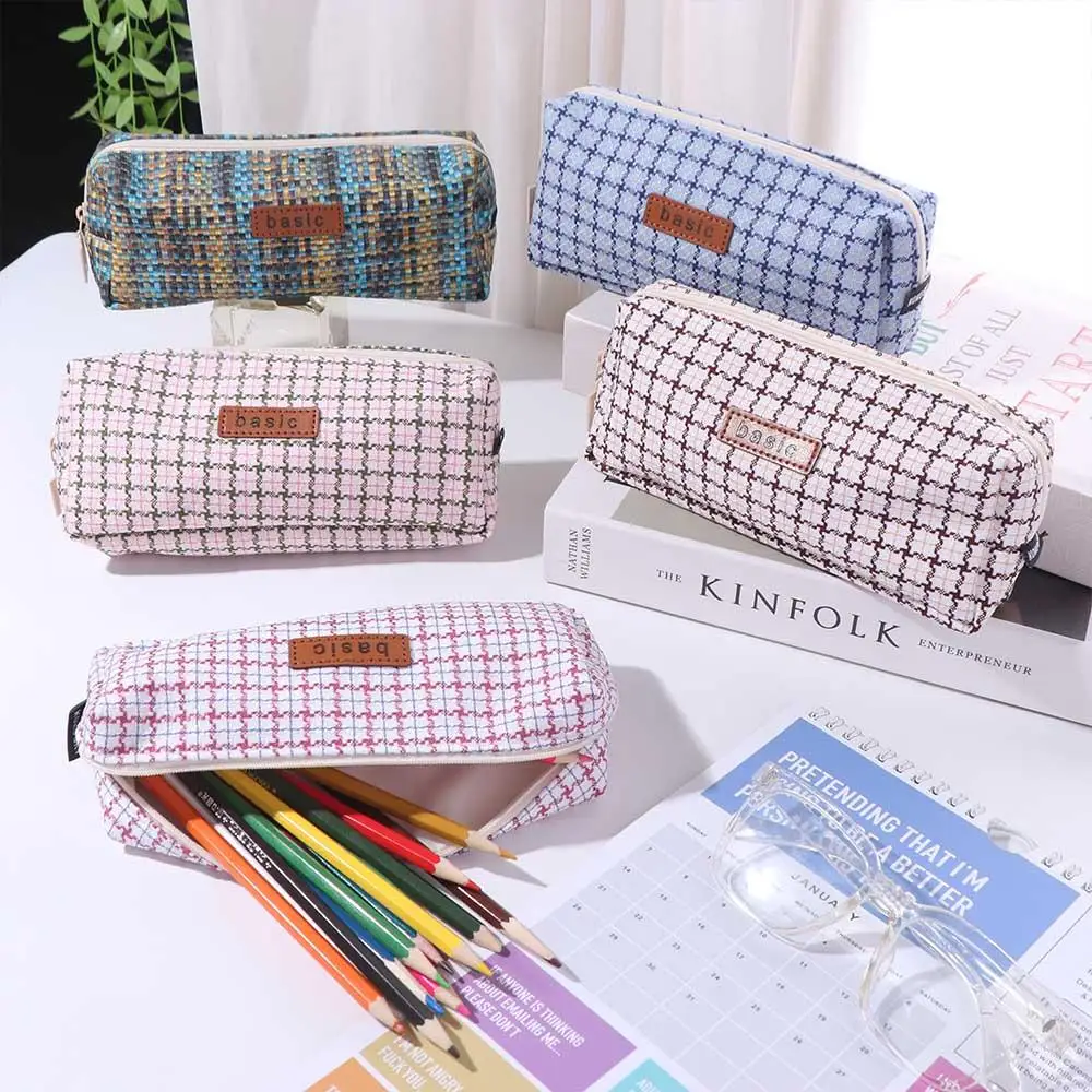 

Durable Kawaii Woven Pencil Case INS Simplicity Scratch-proof Cosmetic Storage Bag Large Capacity Canvas Plaid Pen Bag Travel