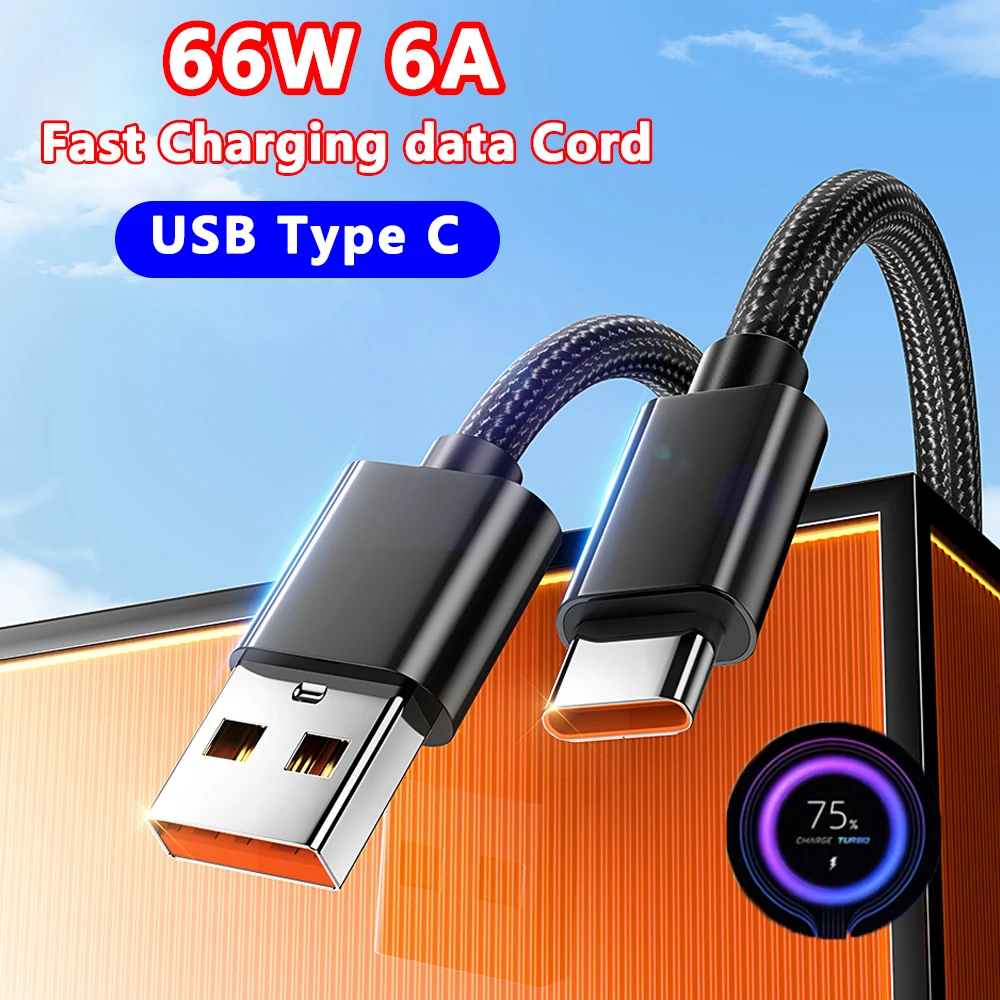 66W 6A USB Type C Cable Nylon Braided Fast Charging Cord For Samsung S24 Xiaomi 13 Huawei Android Phone Charging data USB C line