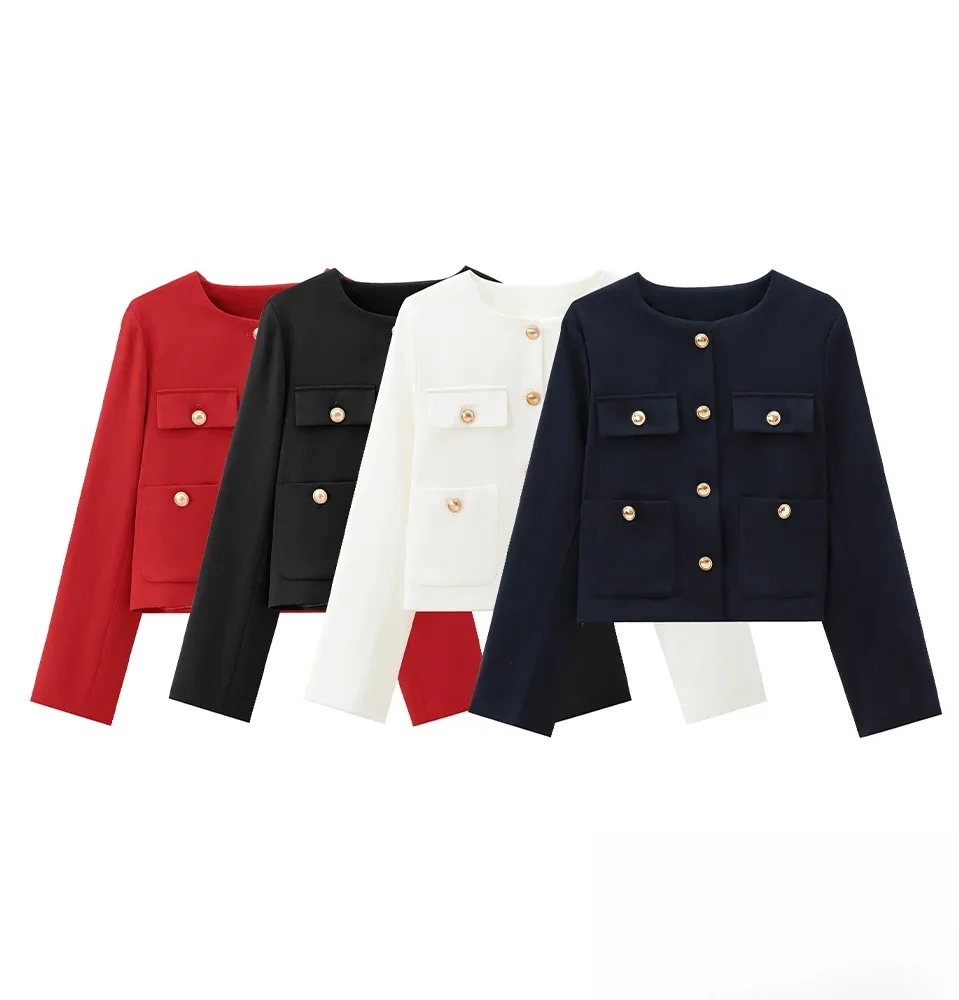 

KONDALA Women Fashion Short Jacket O-Neck Pockets Gold-Color Buttons Jacket Coat New Spring Fall High Street Stylish Short Jacke