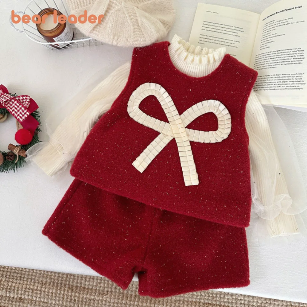 Bear Leader Autumn and Winter New Year Christmas Red Girls' Clothing Bow Decoration Sleeveless Vest Top + Shorts Two Piece Set