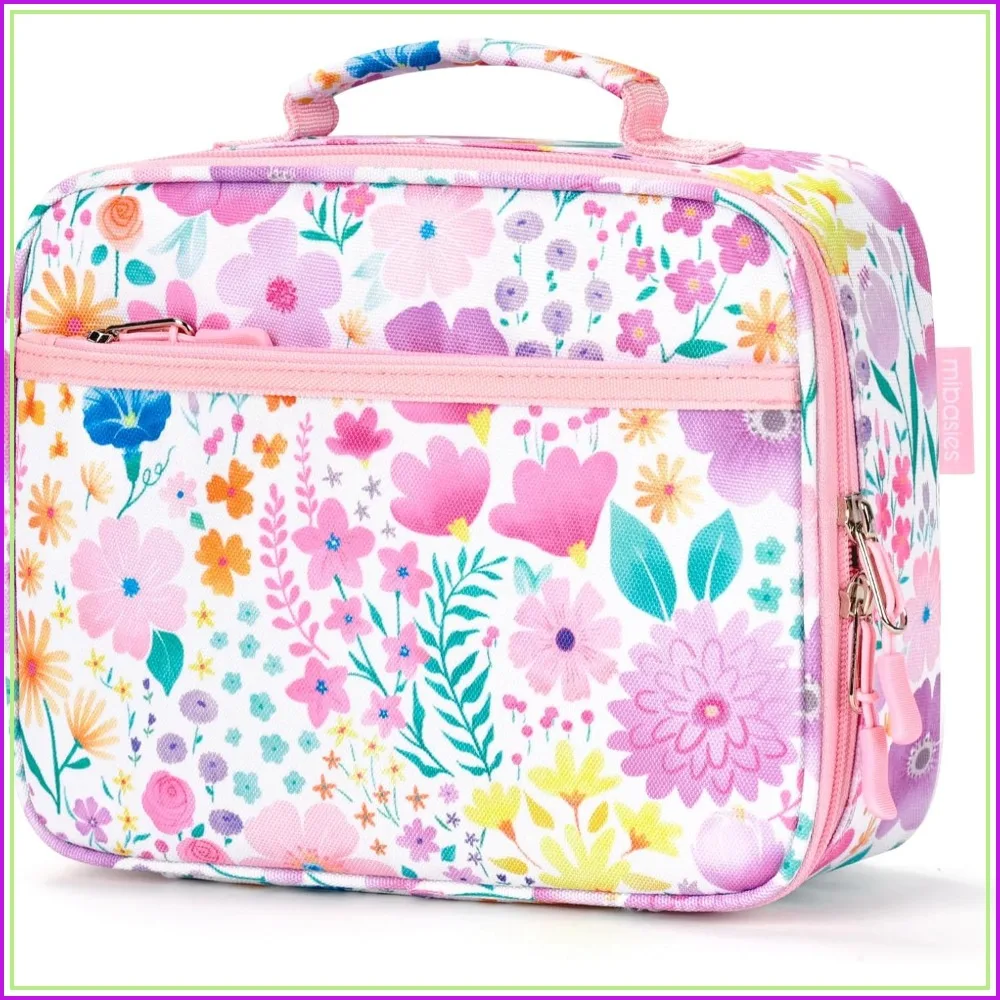 Insulated Lunch Bag for Girls, Reusable Kids Lunch Box with Flower Pink Design, Water-Resistant 900D Polyester, Easy Clean