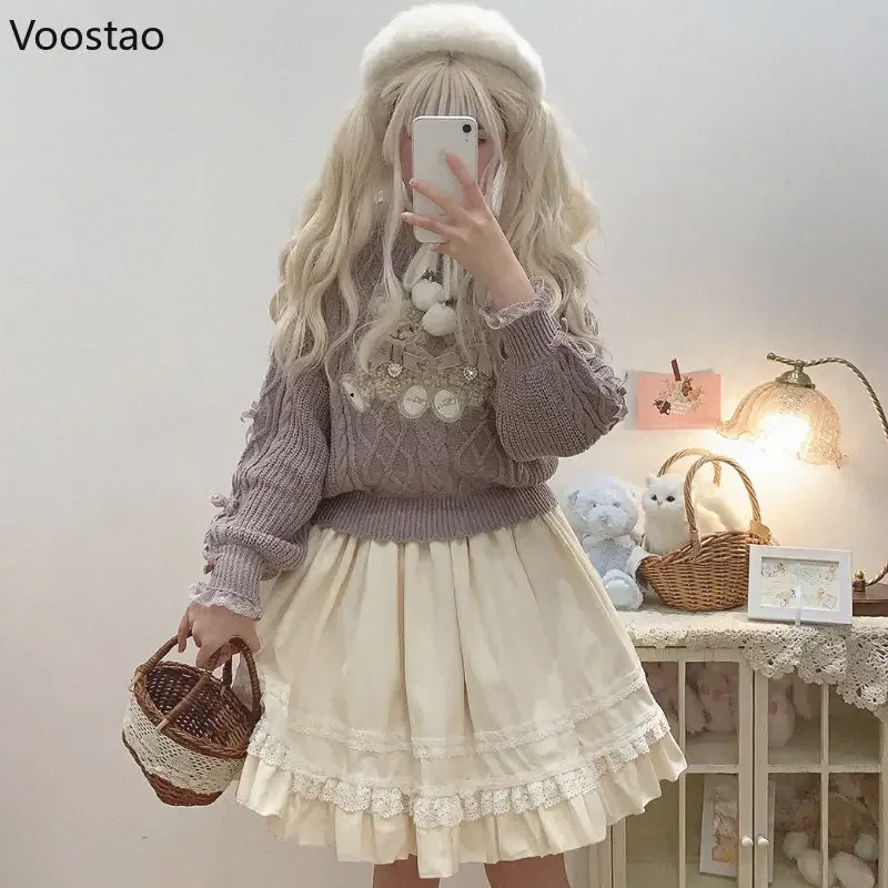 Vintage Sweet Lolita Style Knitted Pullover Girls Cute Plush Cartoon Bear Embroidery Bow Sweater Women Harajuku Knitwear Tops