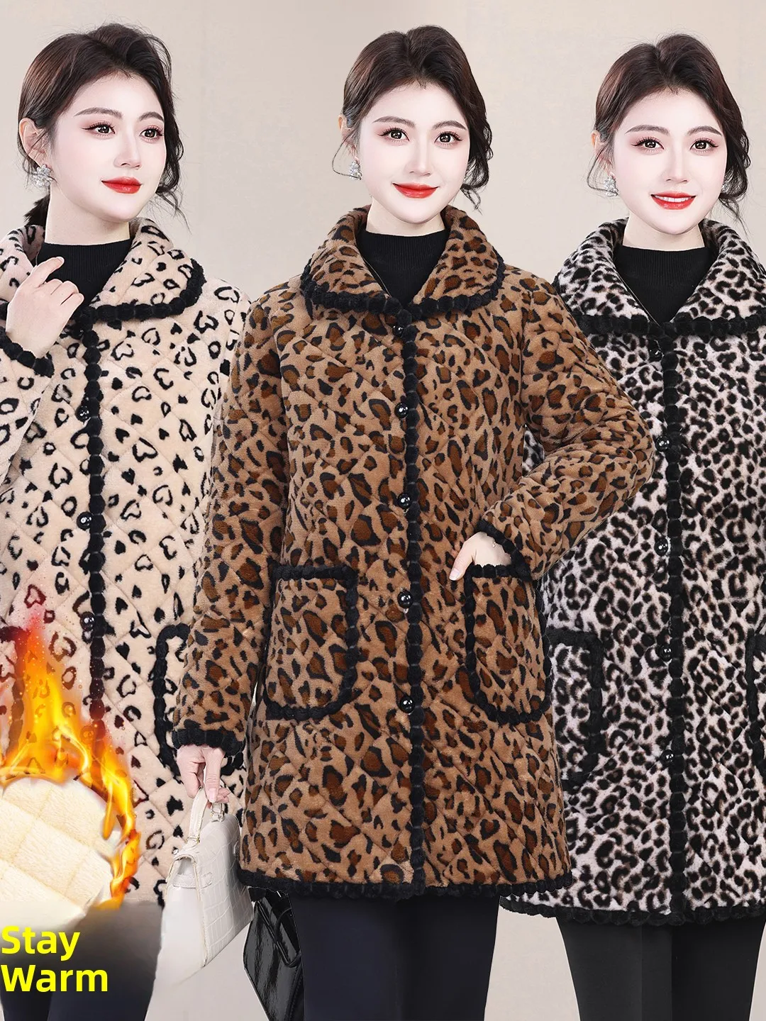 

Thiened Fce Lined Cotton Jaet for Middle-Aged And ly Women Mommy Clothes Collar Mid-Length Large Size Leopar...