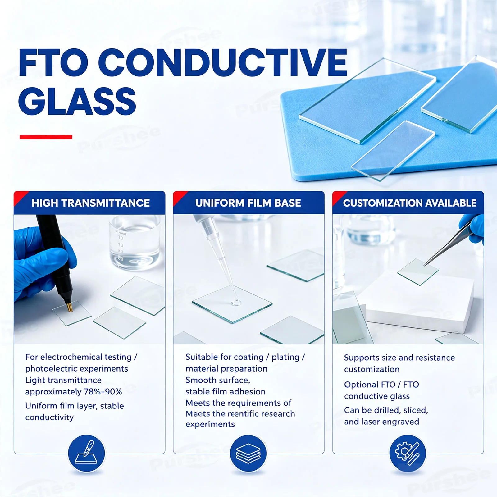 20 Stück FTO-leitfähiges Glas, 1,1/1,6/2,2/3,2 mm Dicke, 7–9 Ω, 13–15 Ω, Schichtwiderstand, mittleres Aluminium-Glassubstrat für das Labor – Detail 10