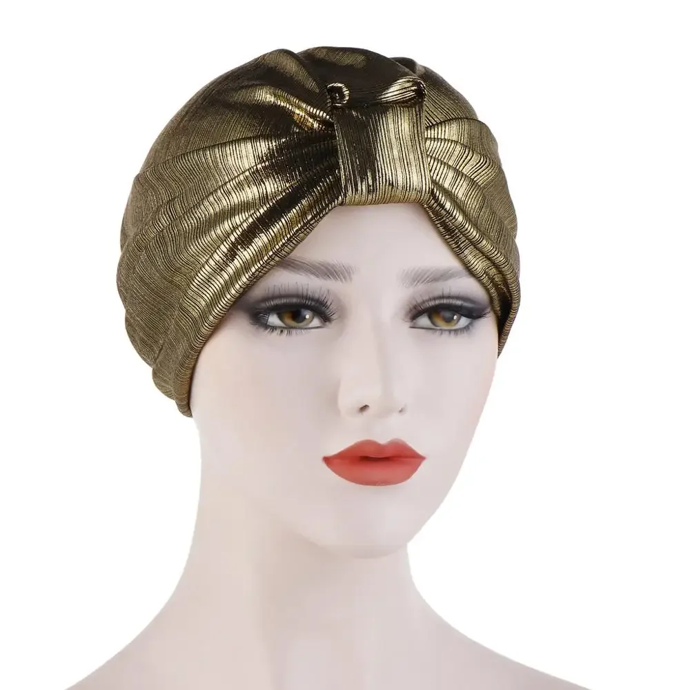 

Glitter Top Knotted Turban Caps for Women Gold Silver Muslim Indian Hat Ladies Hair Loss Chemo Cap Ready to Wear Hijab Bonnet