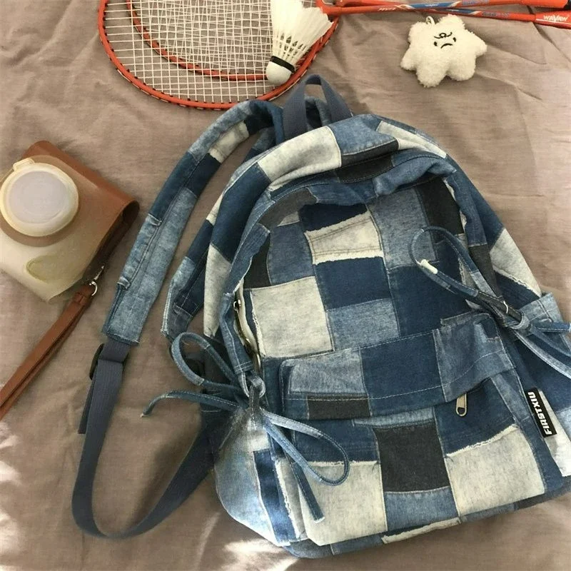 

Large Capacity College Style Campus Bow Backpacks Retro Color Blocking Denim Backpack Commuting Bag for Women