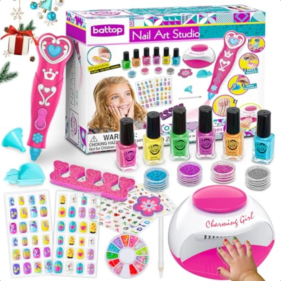 

BATTOP Nail Polish Set for Girls Nail Art Kits with Nail Dryer and Glitter Pen Quick Dry and Peel Off and NonToxic Nail Polish