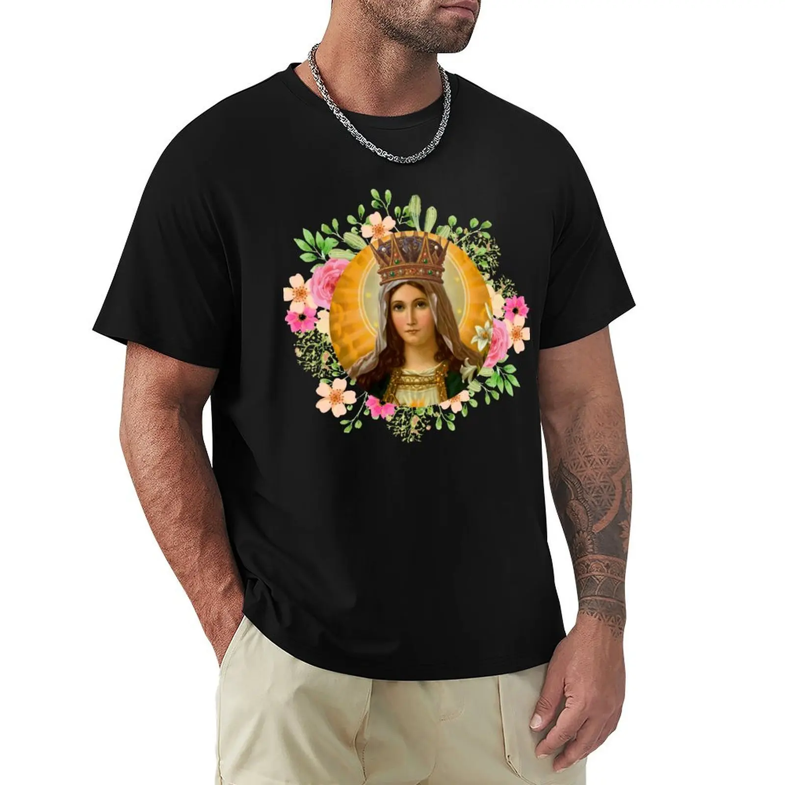 Our Lady Queen of Heaven I Virgin Mary I Sacred Heart of Mary I Catholic Prints T-Shirt Large Size Short Sleeve T-Shirt