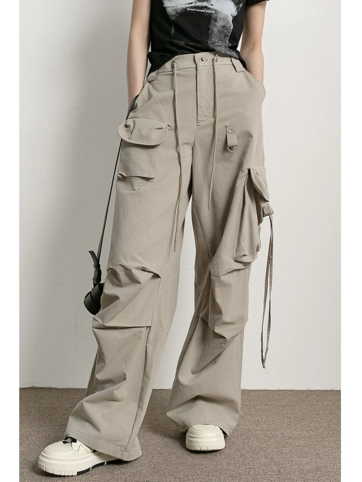 

Модные женские брюки-палаццо в уличном стиле с высокой талией, длинные, с защитой от выдувания, с большими карманами, шелковые