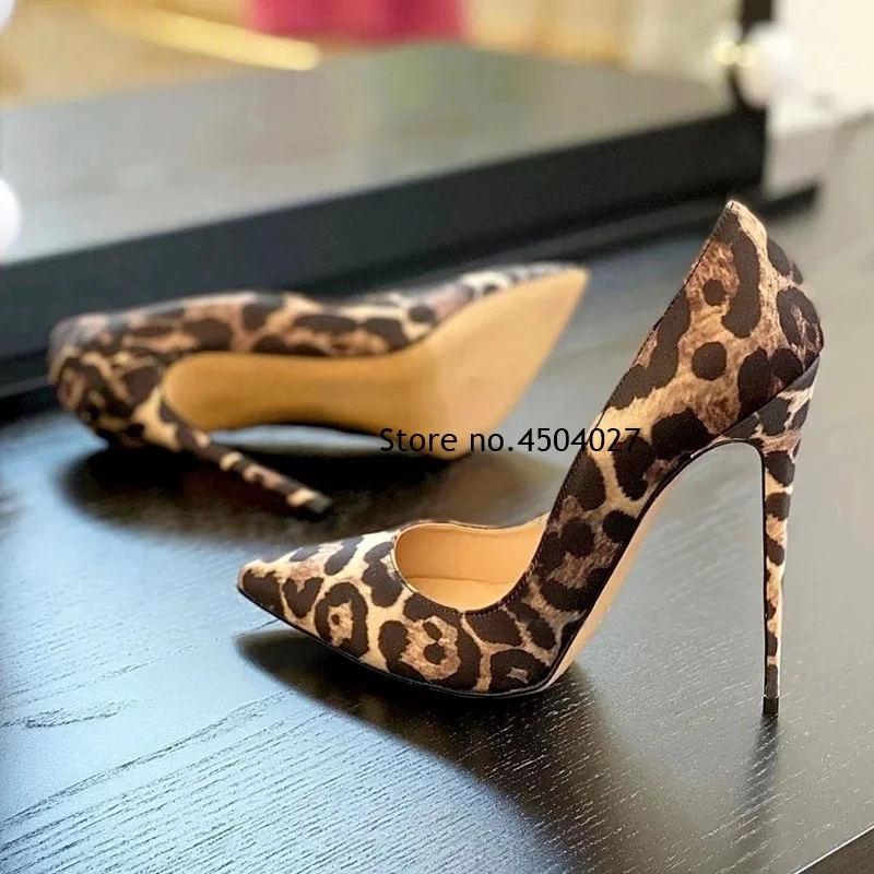 Leopard Satin Cloth High Heel Pumps Shoes 12cm 10cm 8cm Stilettos Pointed Toe Shallow Slip-on Elegant Party Shoes For Women