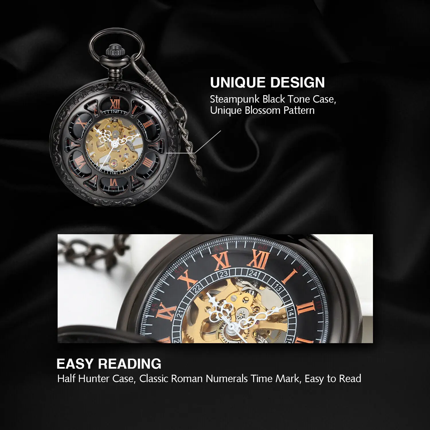 Hand Wind Mens Pocket Watch Mechanical Black Steampunk Skeleton Retro Chain Luxury Classic Roman Number Dial See Through Case