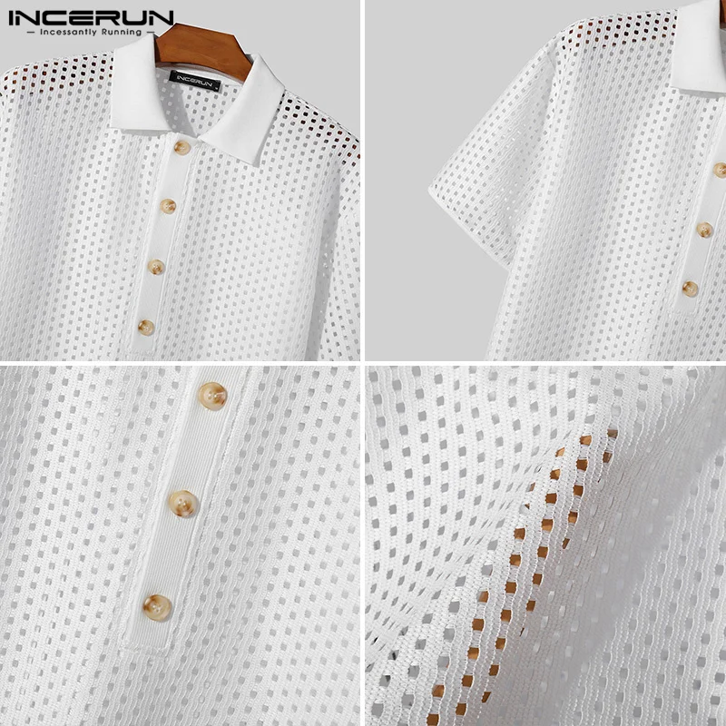 Fashion Well Fitting Tops INCERUN Mens Hollow Stand Collar Design Shirts Casual Streetwear Male Solid Short Sleeved Blouse S-5XL