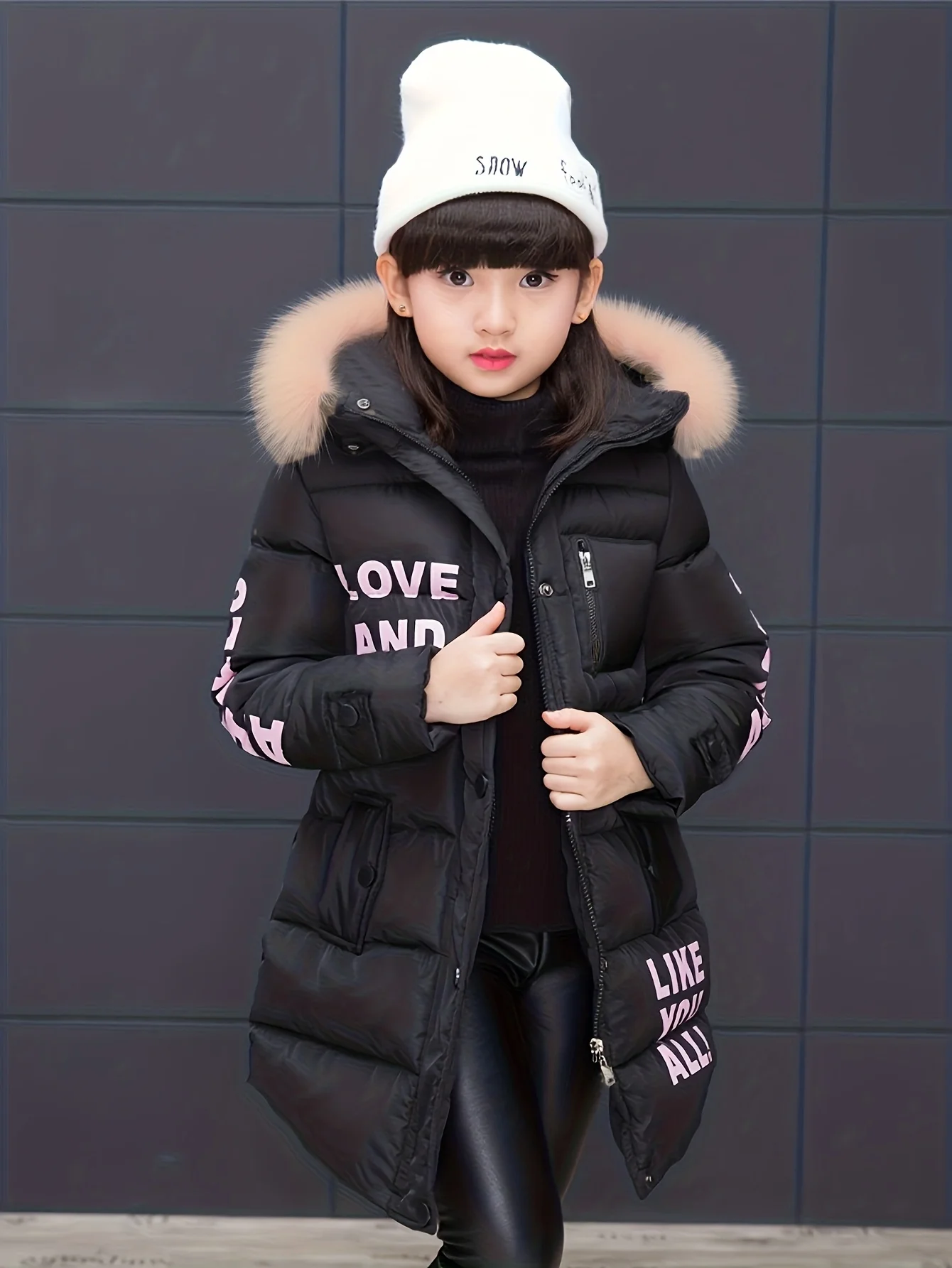 

Girls' Open-Front Hooded Mid-Length Jacket with Letter Print, Thickened New Casual Jacket with Detachable Hood