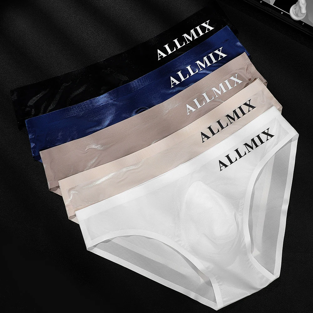 Men\'s Transparent Underwear Ice Silk Ball Pouch Panties Letter Seamless Ultra Thin Summer Breathable Low Waist Triangle Pants