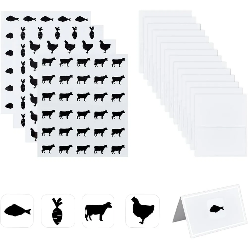 240pcs 4 Styles Black Meal Stickers 1 Inch with 60pcs Table Place Card Food Choice Sticker Set Cow/Chicken/Fish/Carrot Wedding