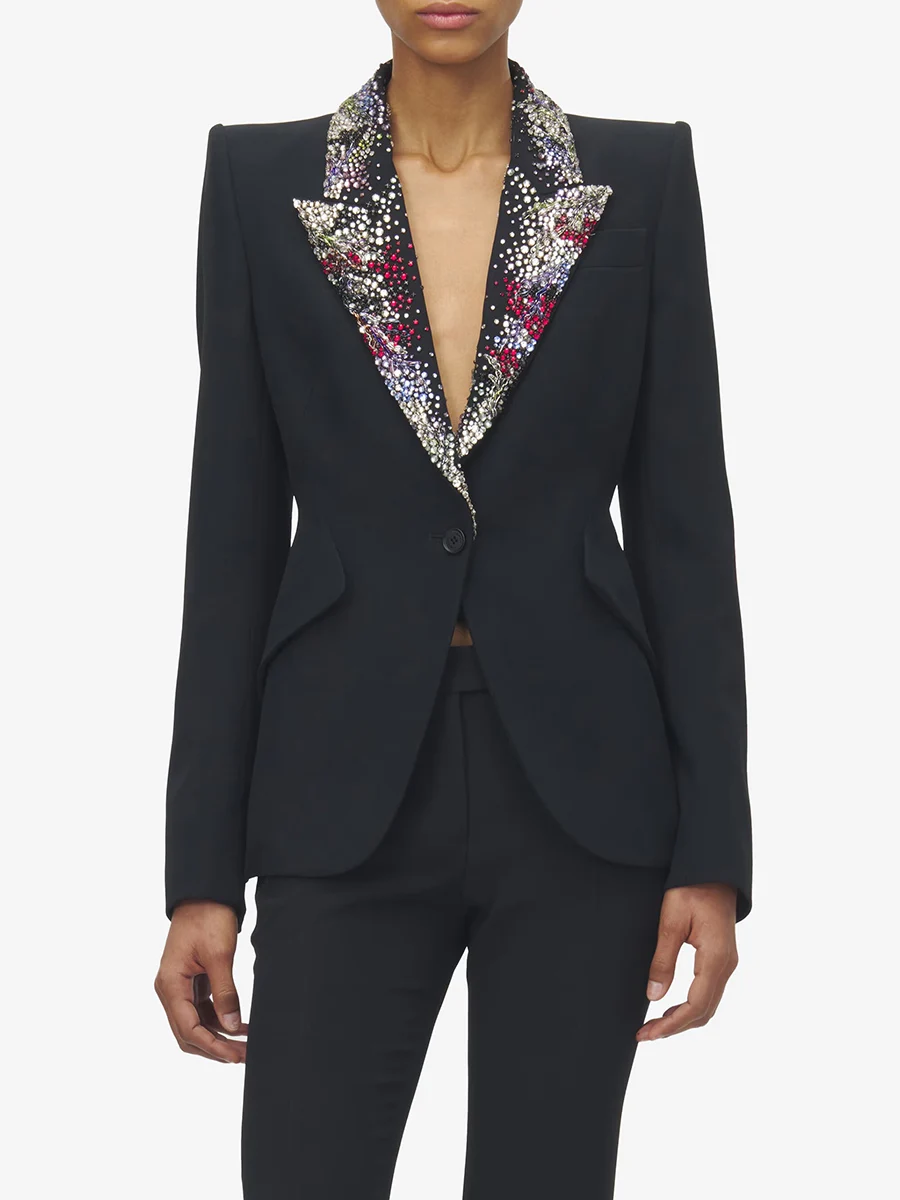 

Женский однотонный блейзер, приталенный блейзер с лацканами и длинными рукавами, модный женский блейзер-туника с горячей фиксацией (декоративной отделкой)