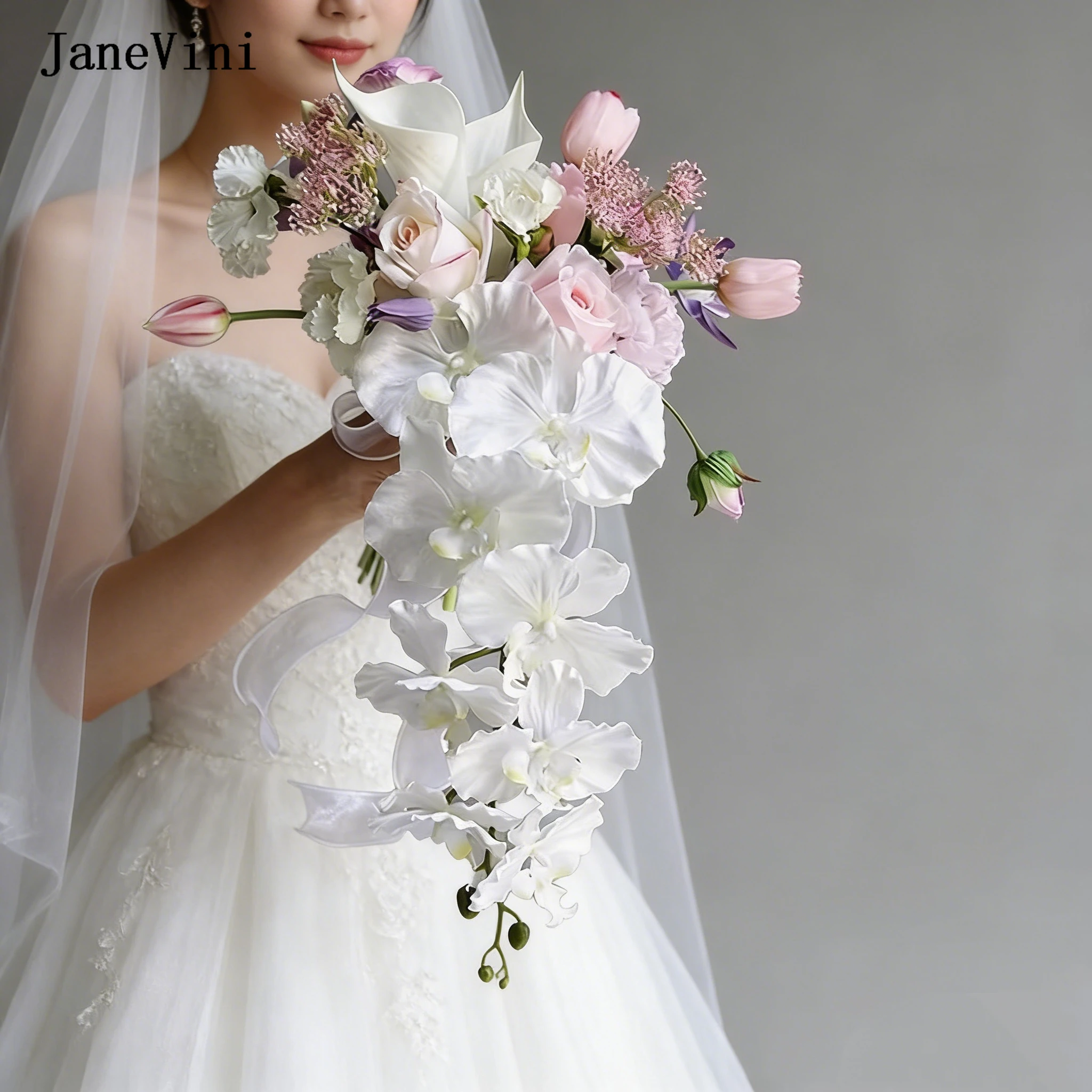 

Элегантные свадебные букеты JaneVini в виде водопада, искусственные розовые розы, тюльпаны, каскадные орхидеи-бабочки, свадебный букет для невесты, цветы