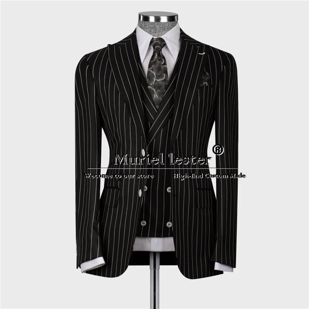 

Black Striped Suits Men Business Banquet Party Single Breasted Jacket Vest Pants 3 Pieces Bridegroom Tuxedo Tailored Made Dress