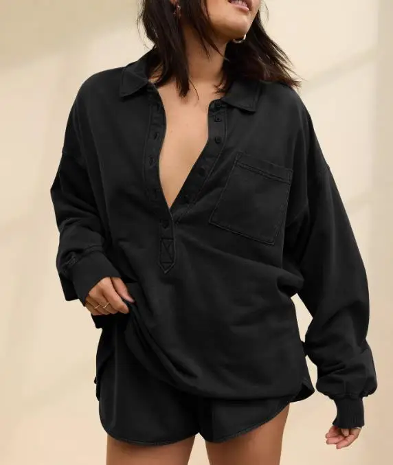 

New Fashionable Women's Loose Button Up Shirt, Casual Long Sleeved Shirt with A Design Sense, Split Sweatshirt